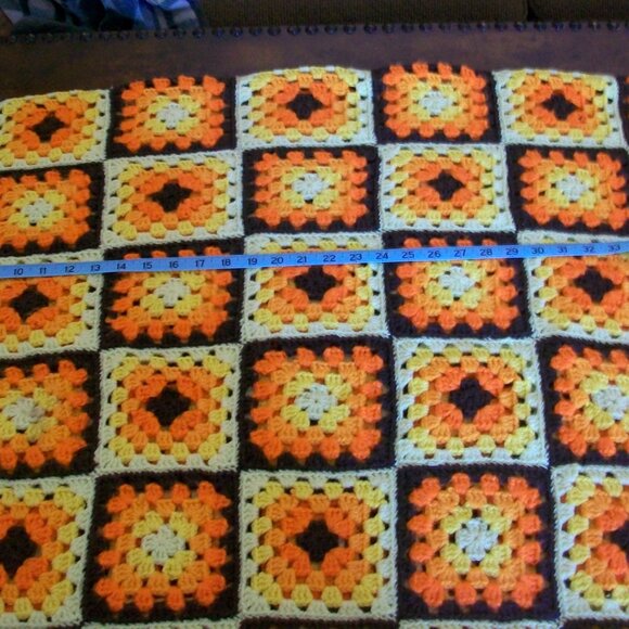 Vintage 70's Hand Crochet Granny Square Afghan Orange Yellow Brown 42" x 70" - Picture 7 of 8